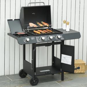 Barbecue a gas con coperchio, 4 bruciatori da 11.6kw, fornello, mensola e 2 ruote