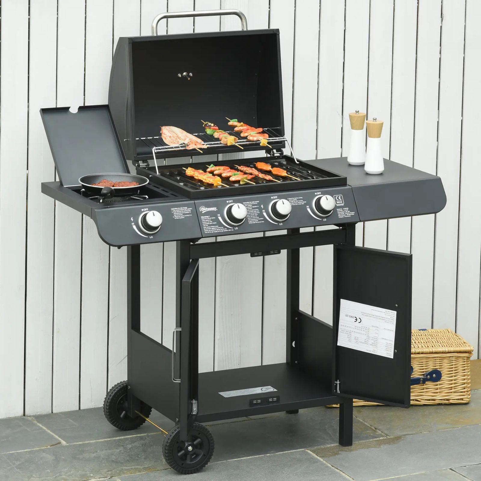 outsunny barbecue a gas con coperchio, 4 bruciatori da 11.6kw, fornello, mensola e 2 ruote - foto 1