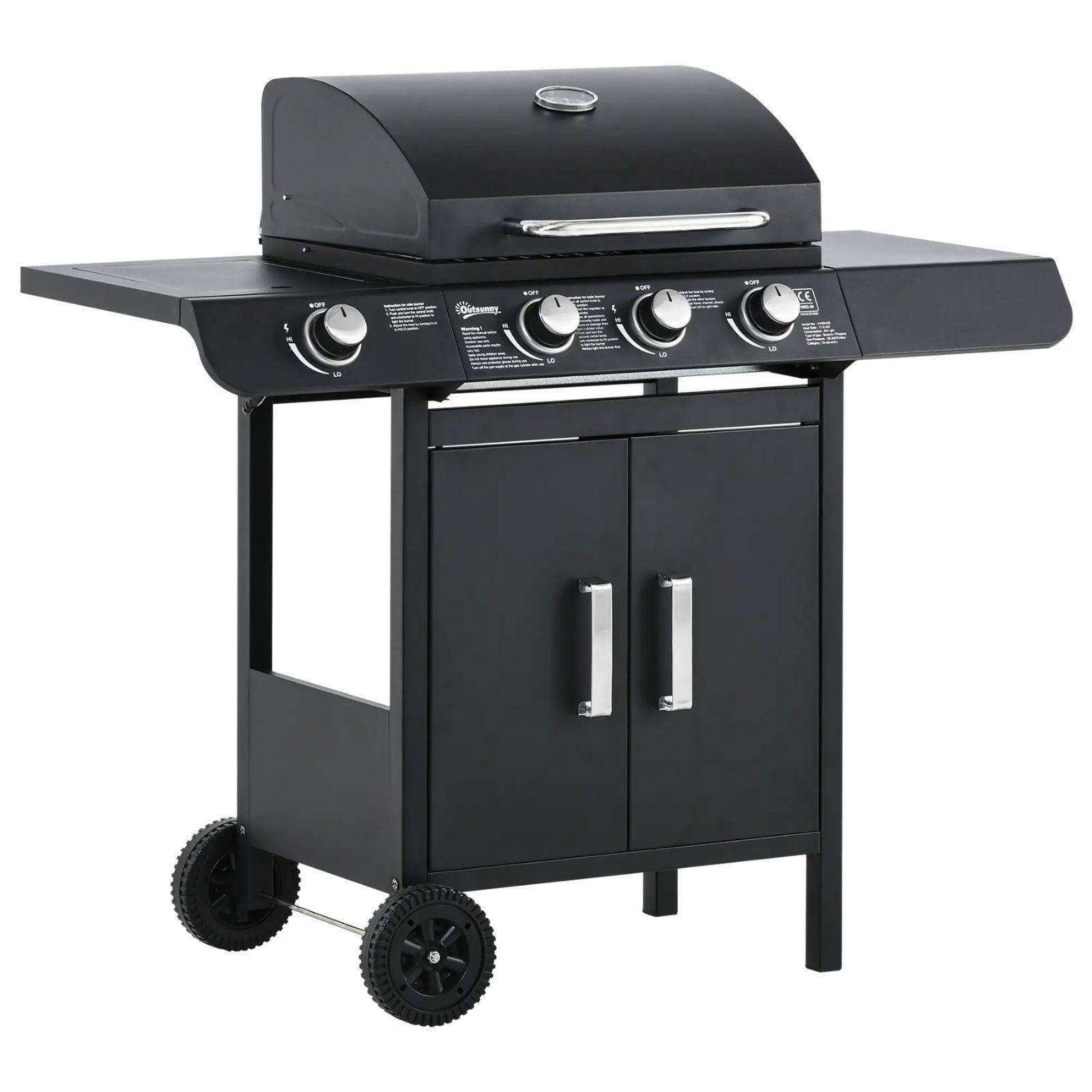 outsunny barbecue a gas con coperchio, 4 bruciatori da 11.6kw, fornello, mensola e 2 ruote - foto 2
