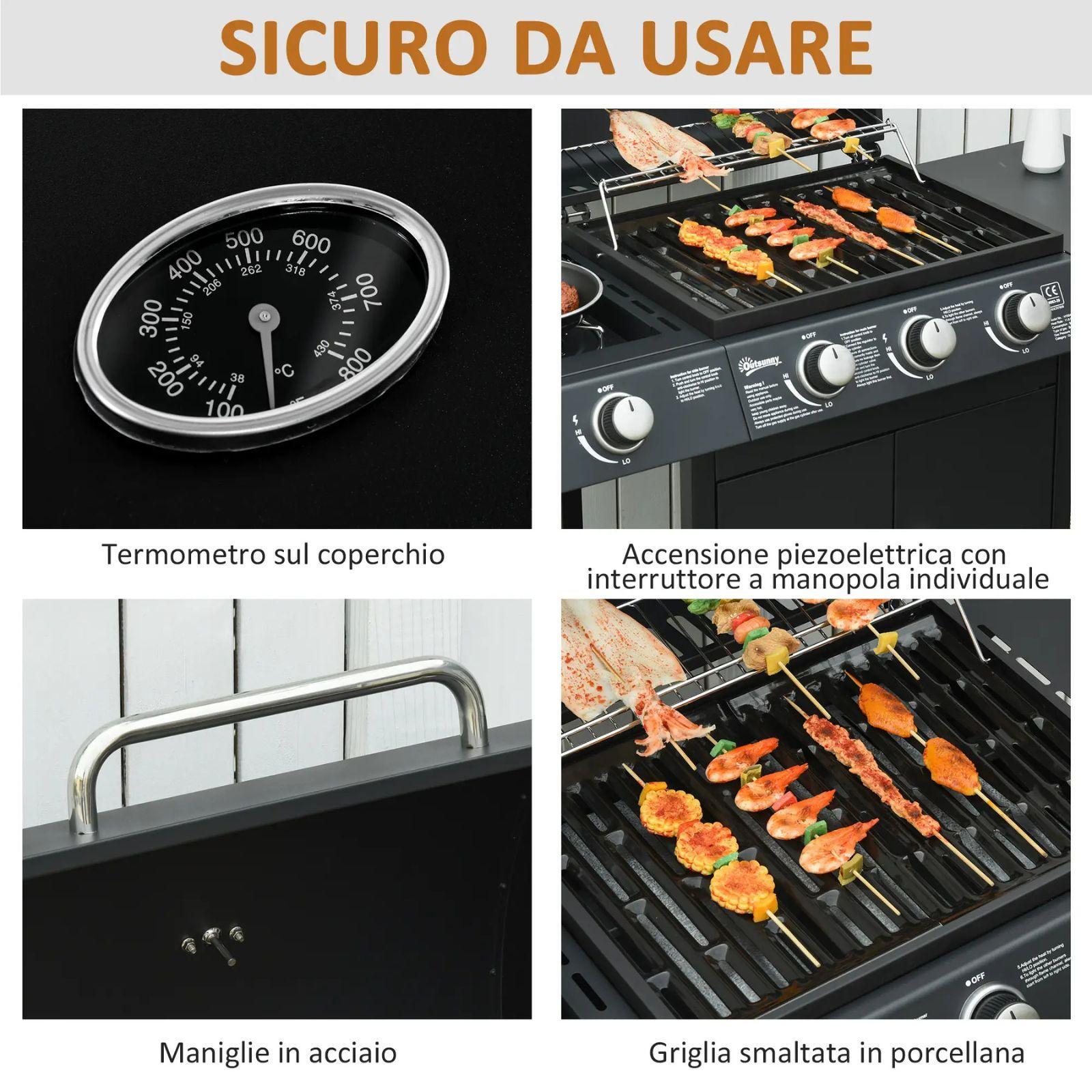 outsunny barbecue a gas con coperchio, 4 bruciatori da 11.6kw, fornello, mensola e 2 ruote - foto 3