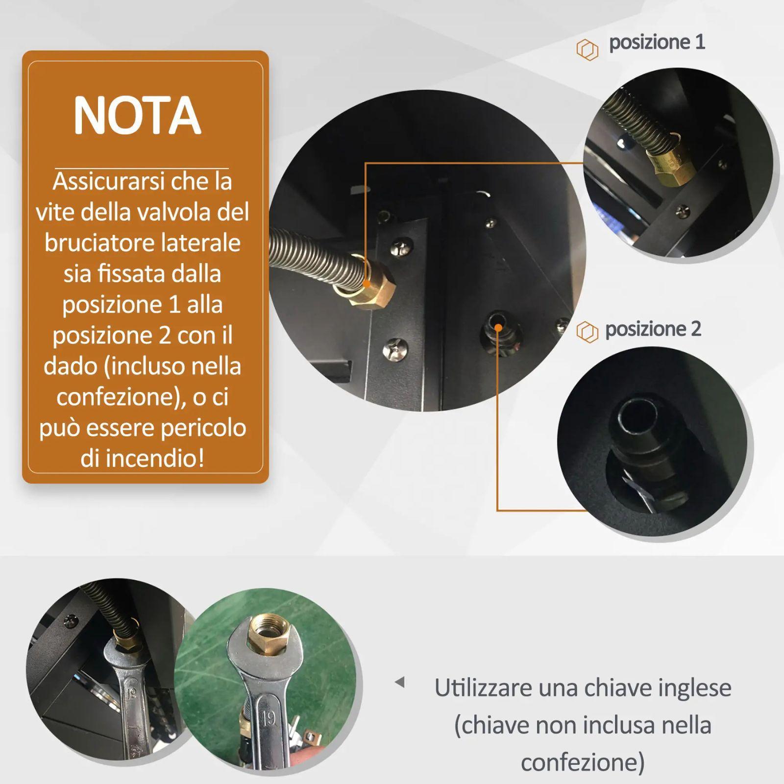 outsunny barbecue a gas con coperchio, 4 bruciatori da 11.6kw, fornello, mensola e 2 ruote - foto 4