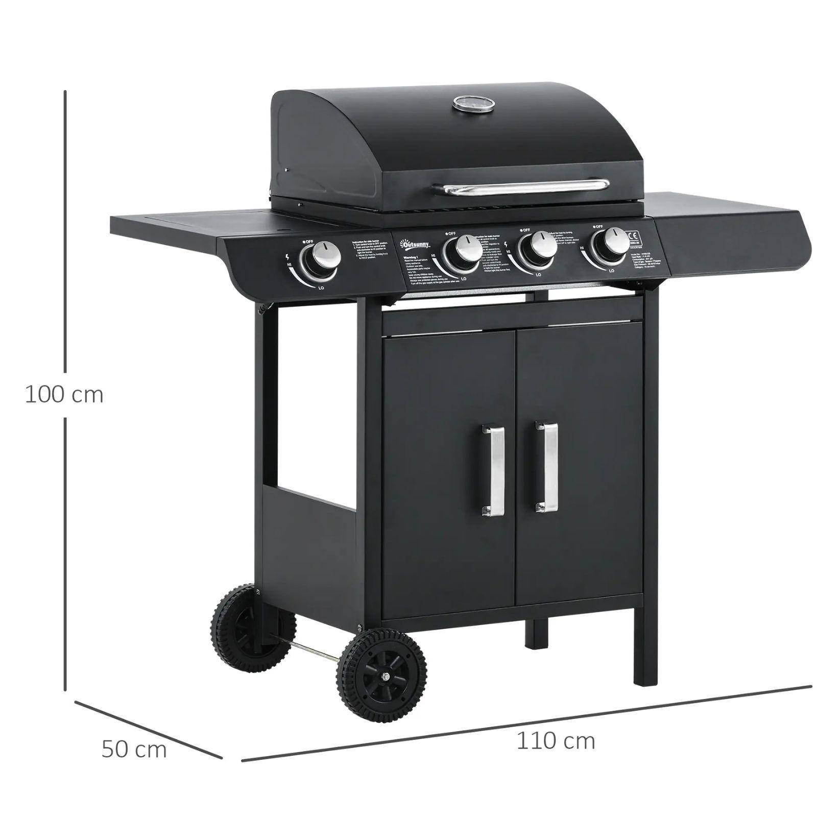 outsunny barbecue a gas con coperchio, 4 bruciatori da 11.6kw, fornello, mensola e 2 ruote - foto 5
