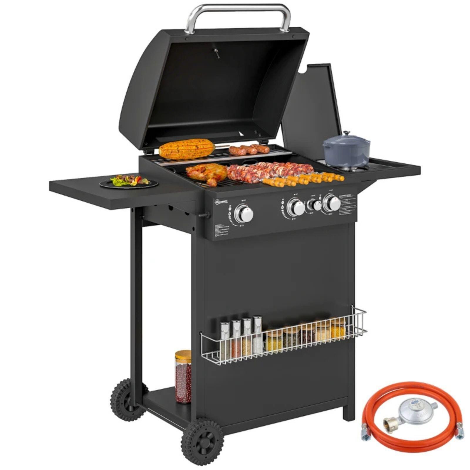 outsunny barbecue a gas con bruciatori indipendenti, coperchio con termometro e tavolino laterale - foto 1