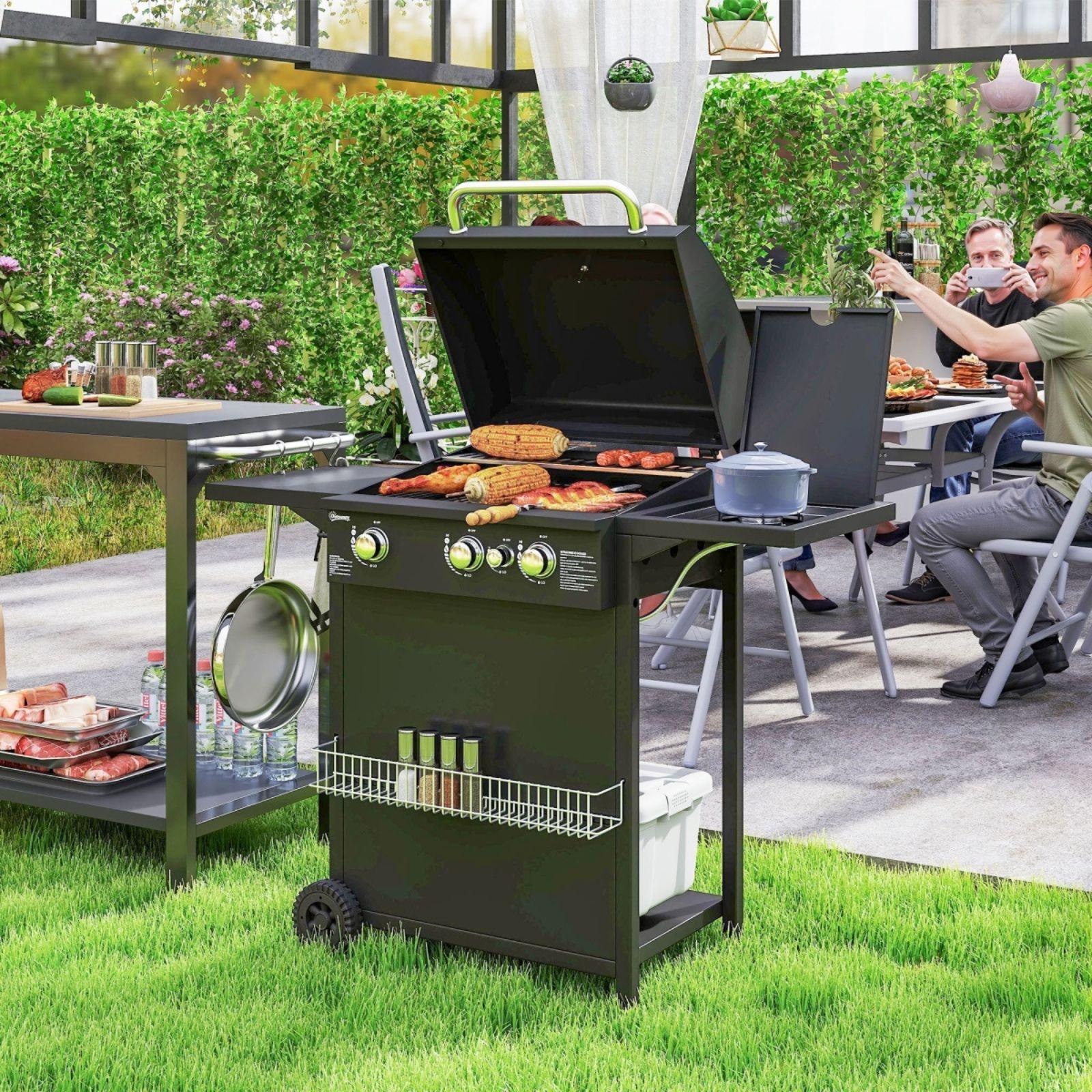 outsunny barbecue a gas con bruciatori indipendenti, coperchio con termometro e tavolino laterale - foto 2