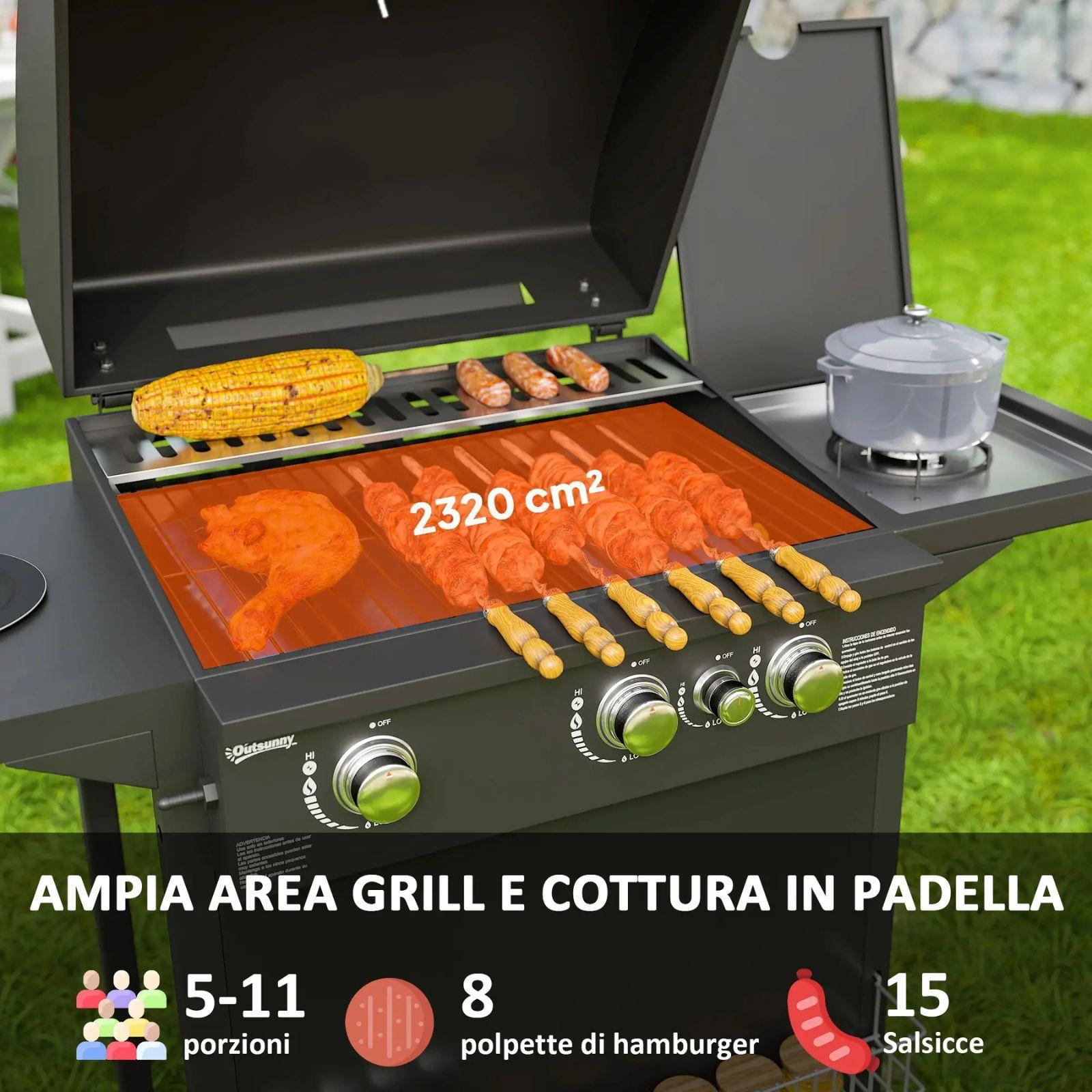 outsunny barbecue a gas con bruciatori indipendenti, coperchio con termometro e tavolino laterale - foto 3