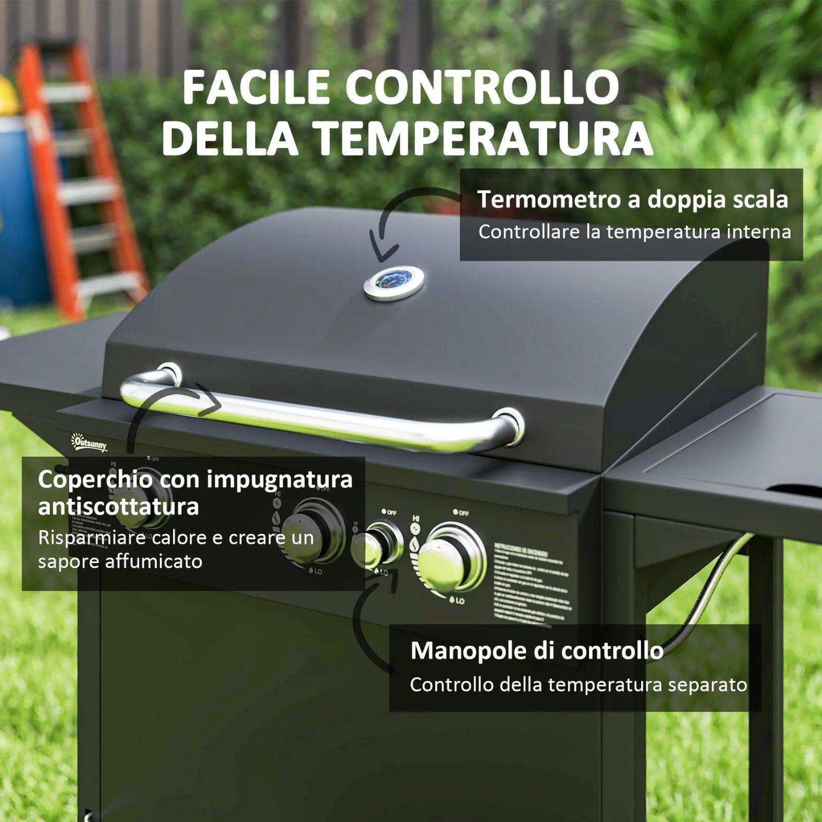 outsunny barbecue a gas con bruciatori indipendenti, coperchio con termometro e tavolino laterale - foto 4