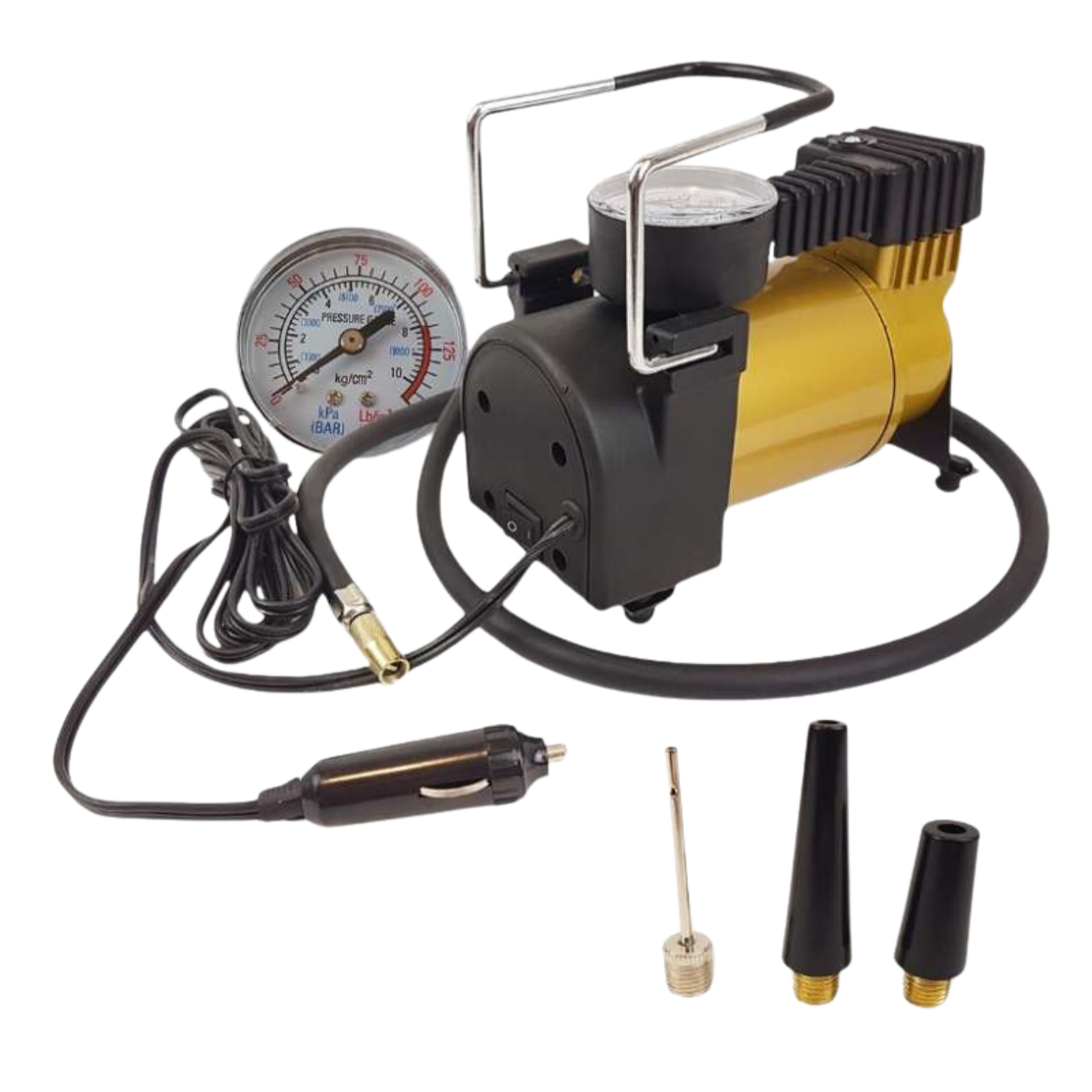 Compressore d'aria portatile 12V con manometro e accessori di gonfiaggio