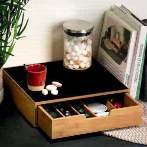 Cassetto porta cialde e capsule in bambù con ripiano in vetro temperato nero