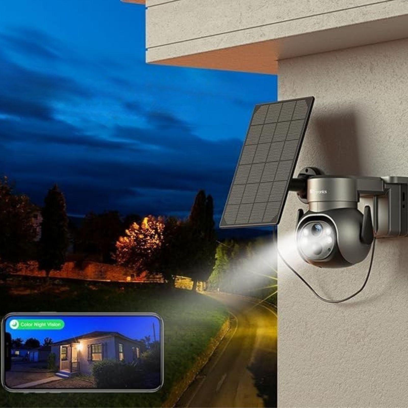 andowl andowl telecamera di sorveglianza 4k con pannello solare e sim - foto 2 Telecamera in modalità notturna con illuminazione attiva su supporto murale e monitoraggio da smartphone