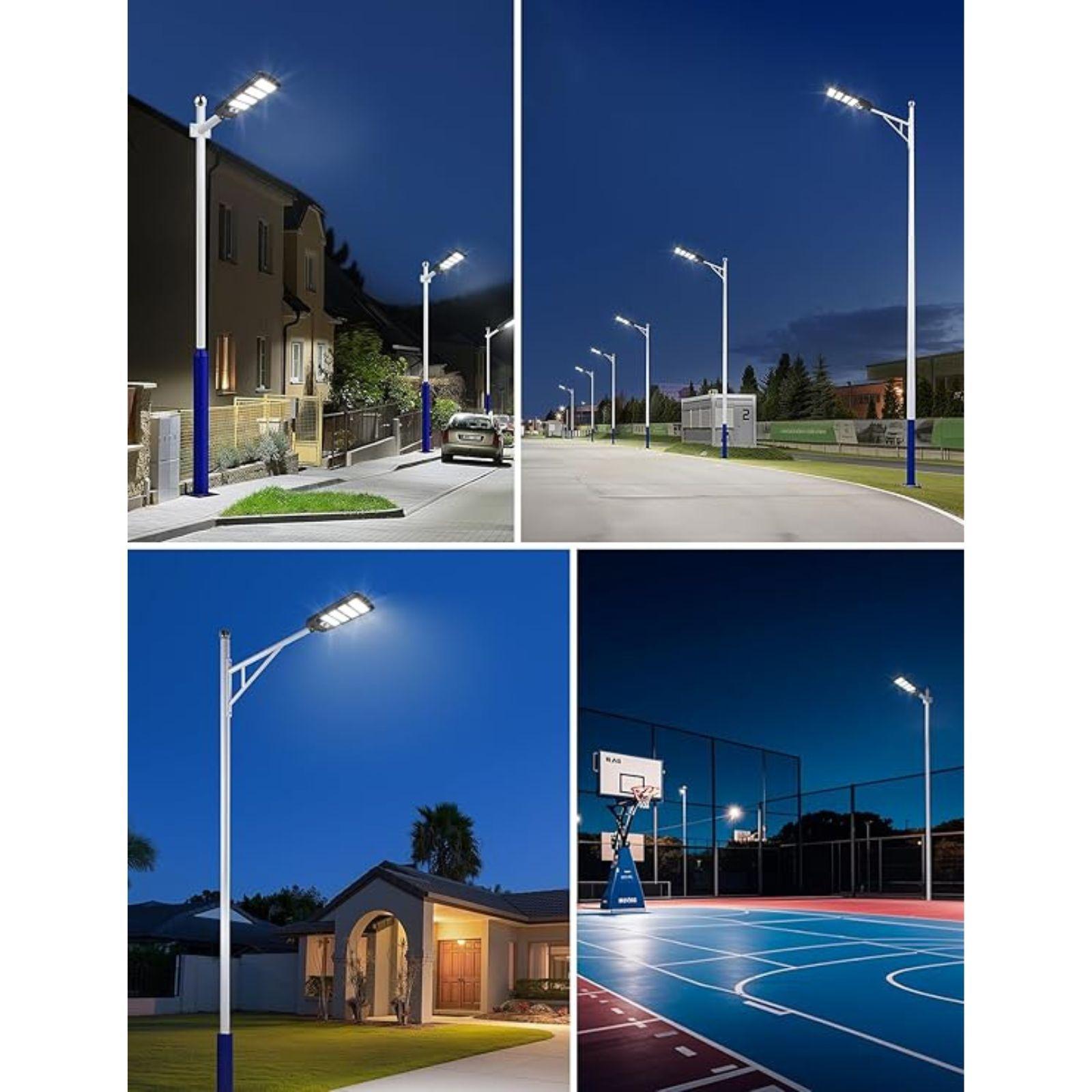 Lampione solare 300W installato in quattro ambienti: strada, parcheggio, area residenziale e campo sportivo