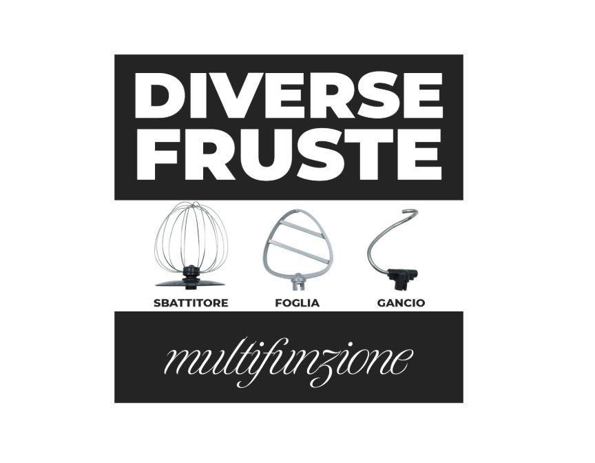 Frusta multifunzione DIVERSE con icone degli accessori: frusta, foglia, gancio