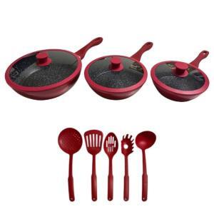 Tris di padelle rosse con coperchi in vetro e 5 utensili