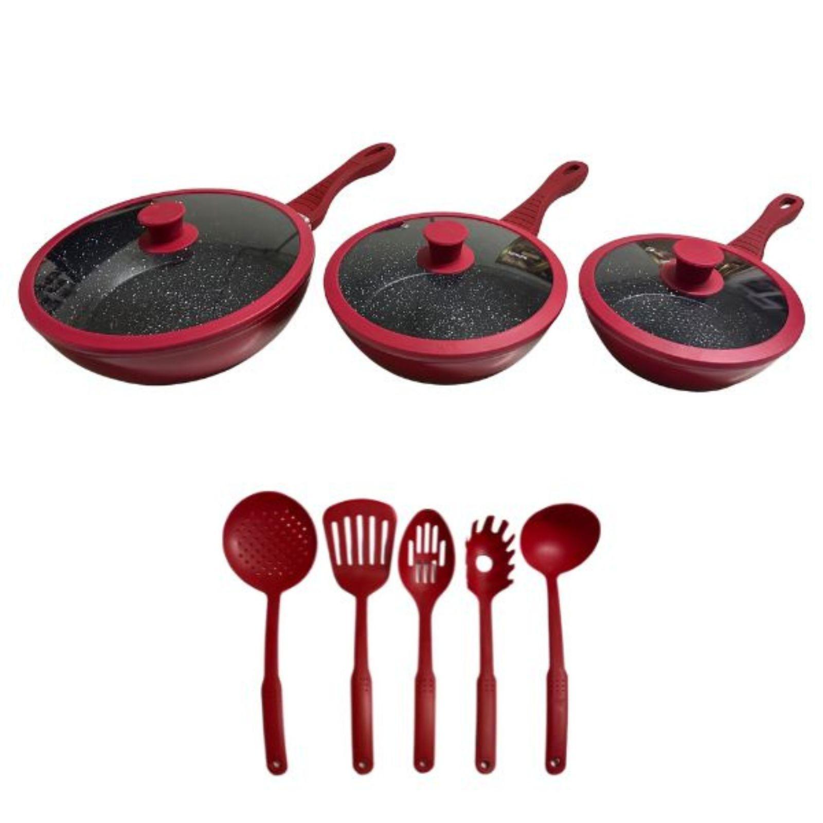  tris di padelle rosse con coperchi in vetro e 5 utensili - foto 1
