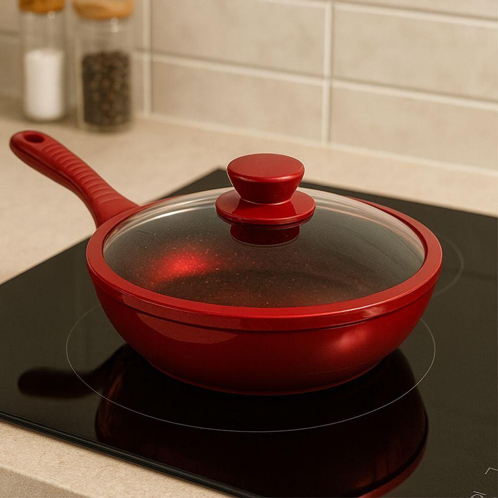  tris di padelle con coperchi in vetro rosse (20) - (24) - (28) cm - foto 4