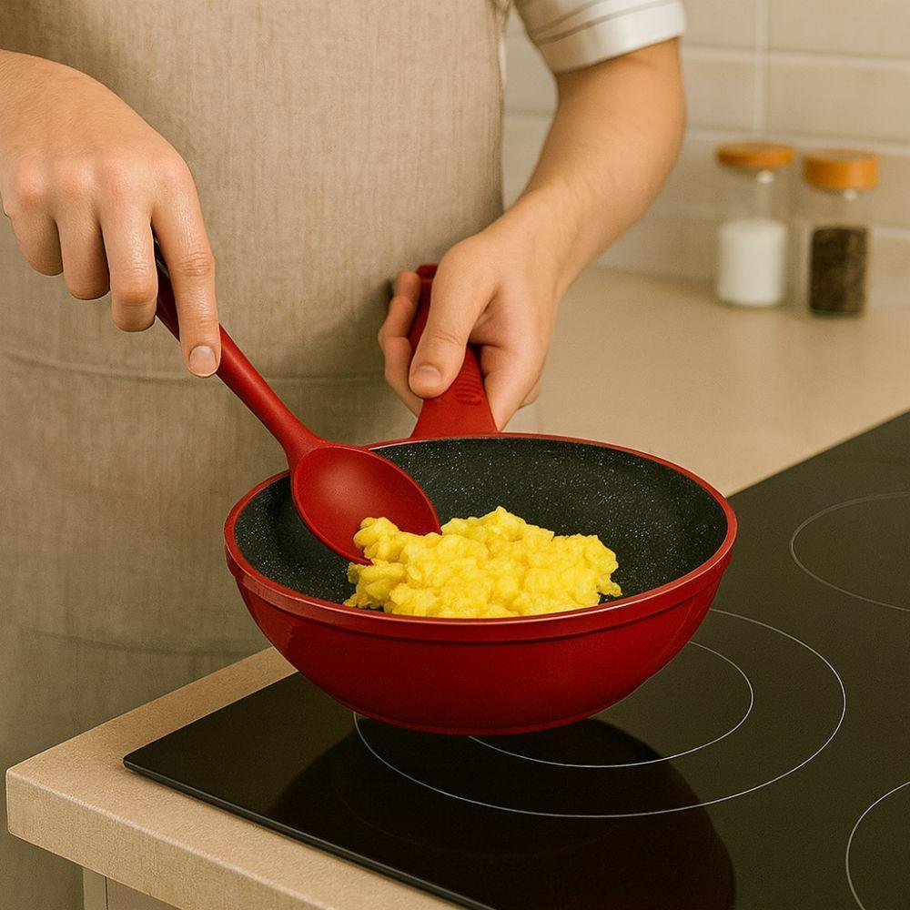  tris di padelle con coperchi in vetro rosse (20) - (24) - (28) cm - foto 5