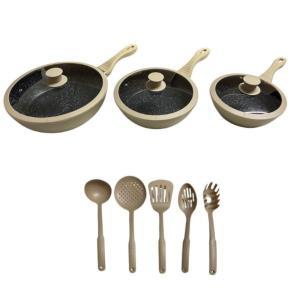 Tris di padelle beige con coperchi in vetro e 5 utensili