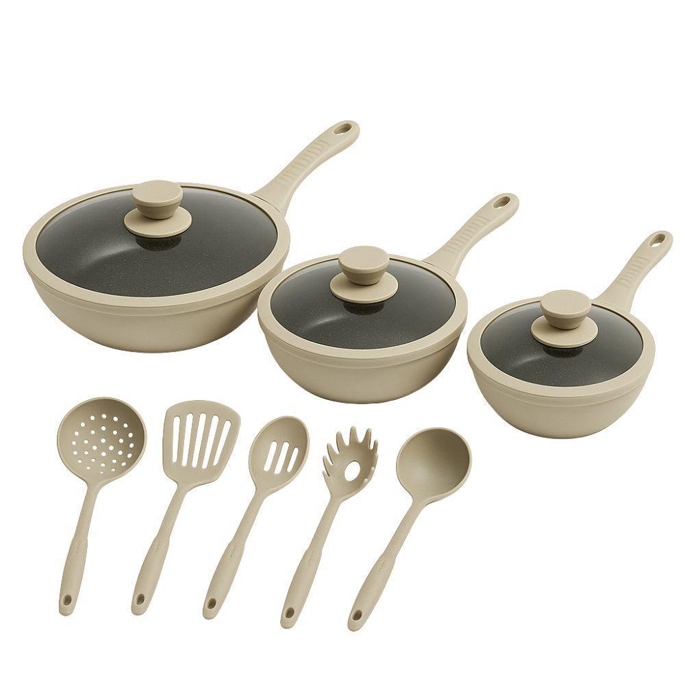  tris di padelle con coperchi in vetro beige (20) - (24) - (28) cm - foto 1