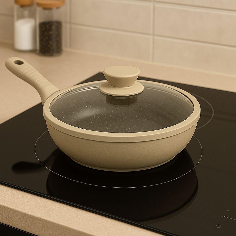  tris di padelle con coperchi in vetro beige (20) - (24) - (28) cm - foto 4