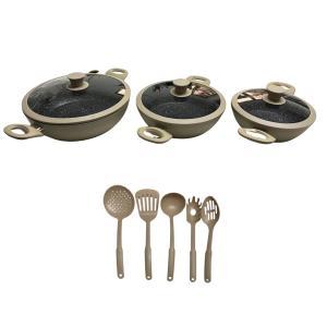 Tris padelle beige con manici, coperchi in vetro e 5 mestoli