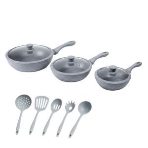 Tris di padelle con coperchi in vetro grigie effetto marmo (20) - (24) - (28) cm