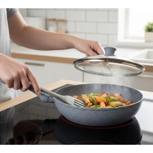 Tris di padelle con coperchi in vetro grigie effetto marmo (20) - (24) - (28) cm