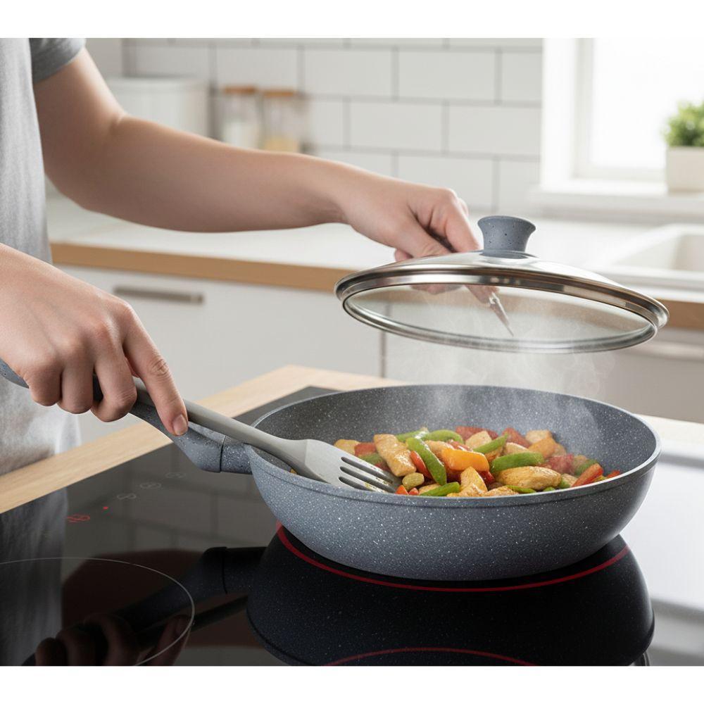  tris di padelle con coperchi in vetro grigie effetto marmo (20) - (24) - (28) cm - foto 2