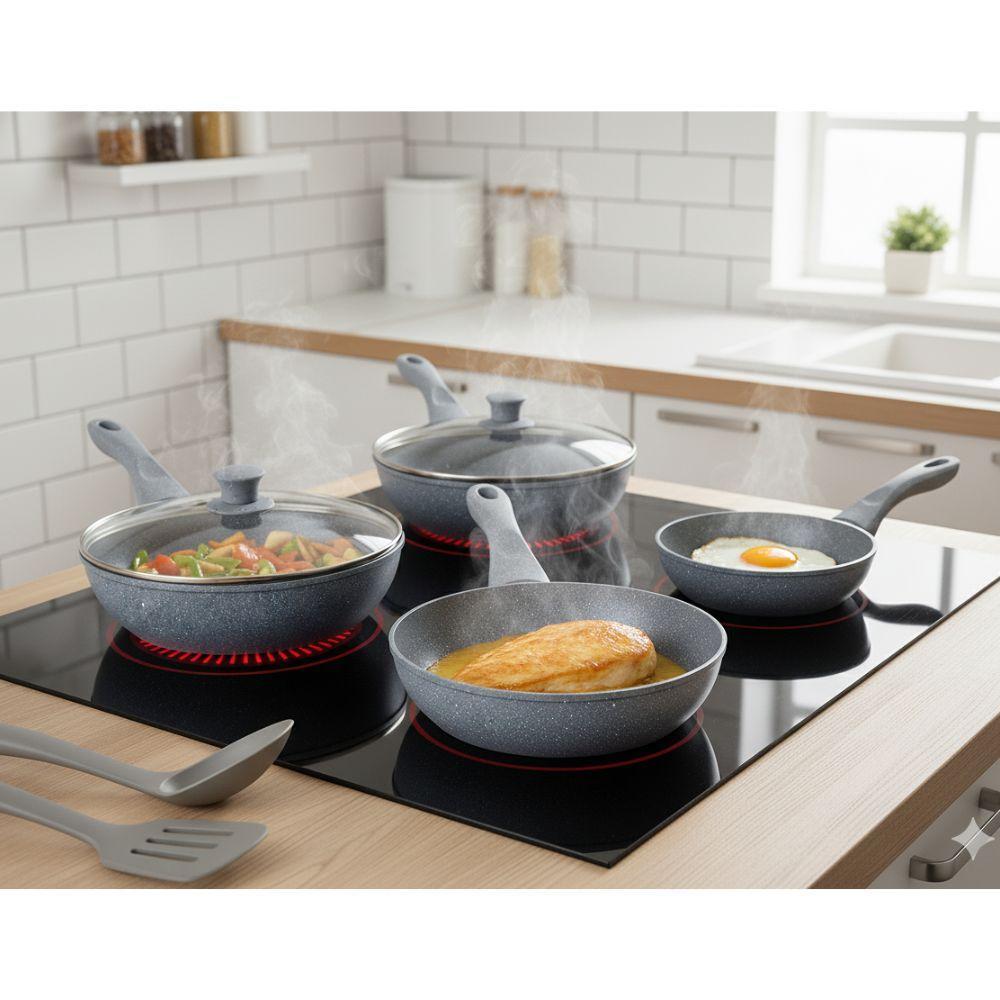  tris di padelle con coperchi in vetro grigie effetto marmo (20) - (24) - (28) cm - foto 3