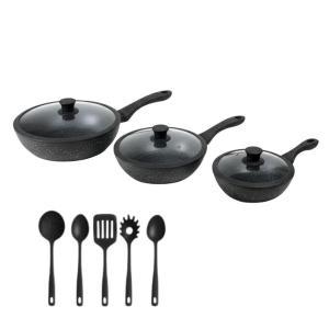 Tris di padelle con coperchi in vetro nere effetto marmo (20) - (24) - (28) cm