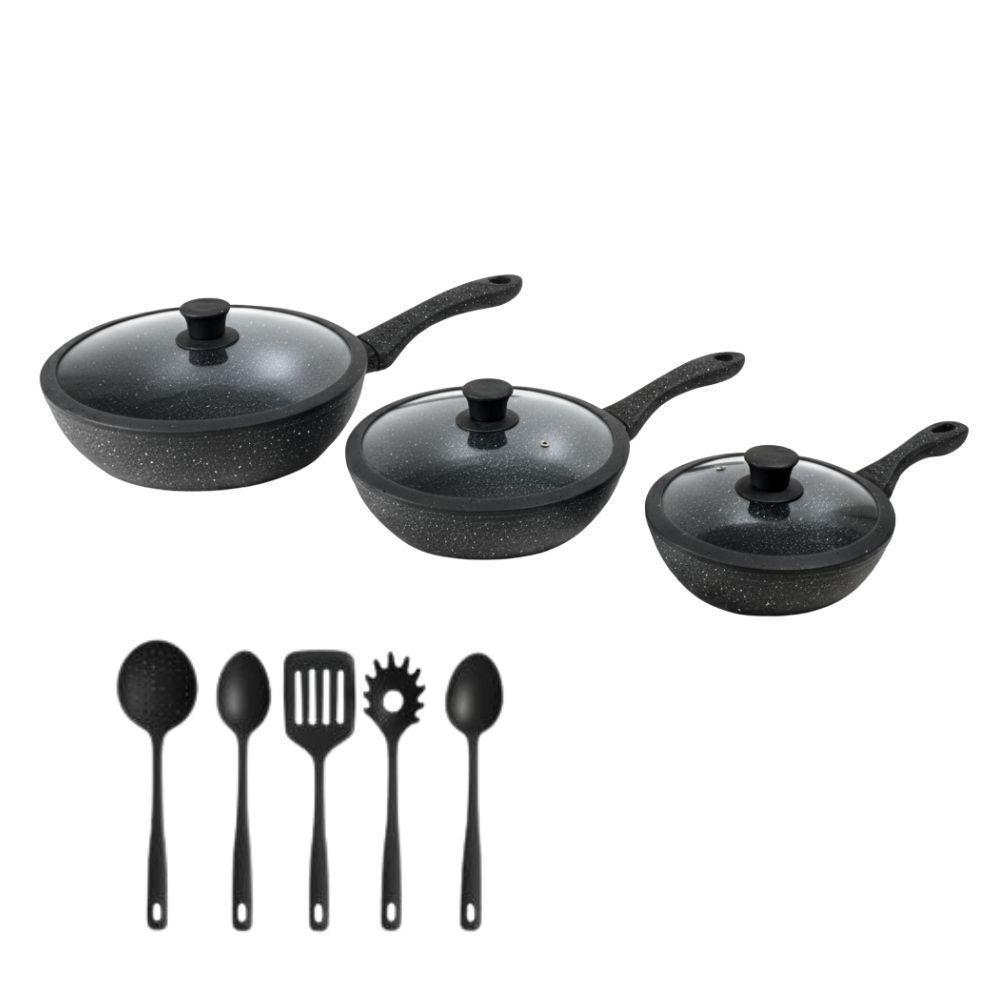  tris di padelle con coperchi in vetro nere effetto marmo (20) - (24) - (28) cm - foto 1