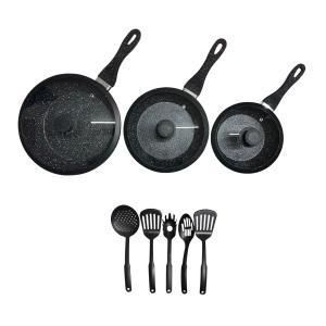 Tris di padelle nere con coperchi in vetro e 5 utensili