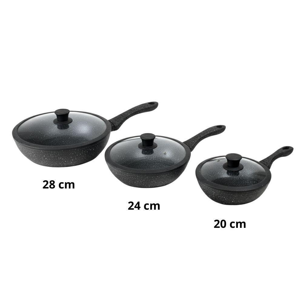  tris di padelle con coperchi in vetro nere effetto marmo (20) - (24) - (28) cm - foto 5