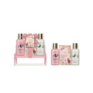 Kit doccia schiuma 100 ml , crema corpo 100 ml , sali da bagno e panchina portagioie