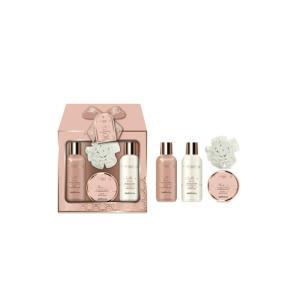 Kit doccia schiuma 160 ml , crema corpo 160 ml , scur corpo , spugna e scatola