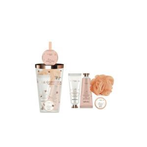 Kit doccia schiuma 50 ml , body lotion 50 ml , spugna , bomba da bagno e bicchiere e cannuccia riutilizzabili