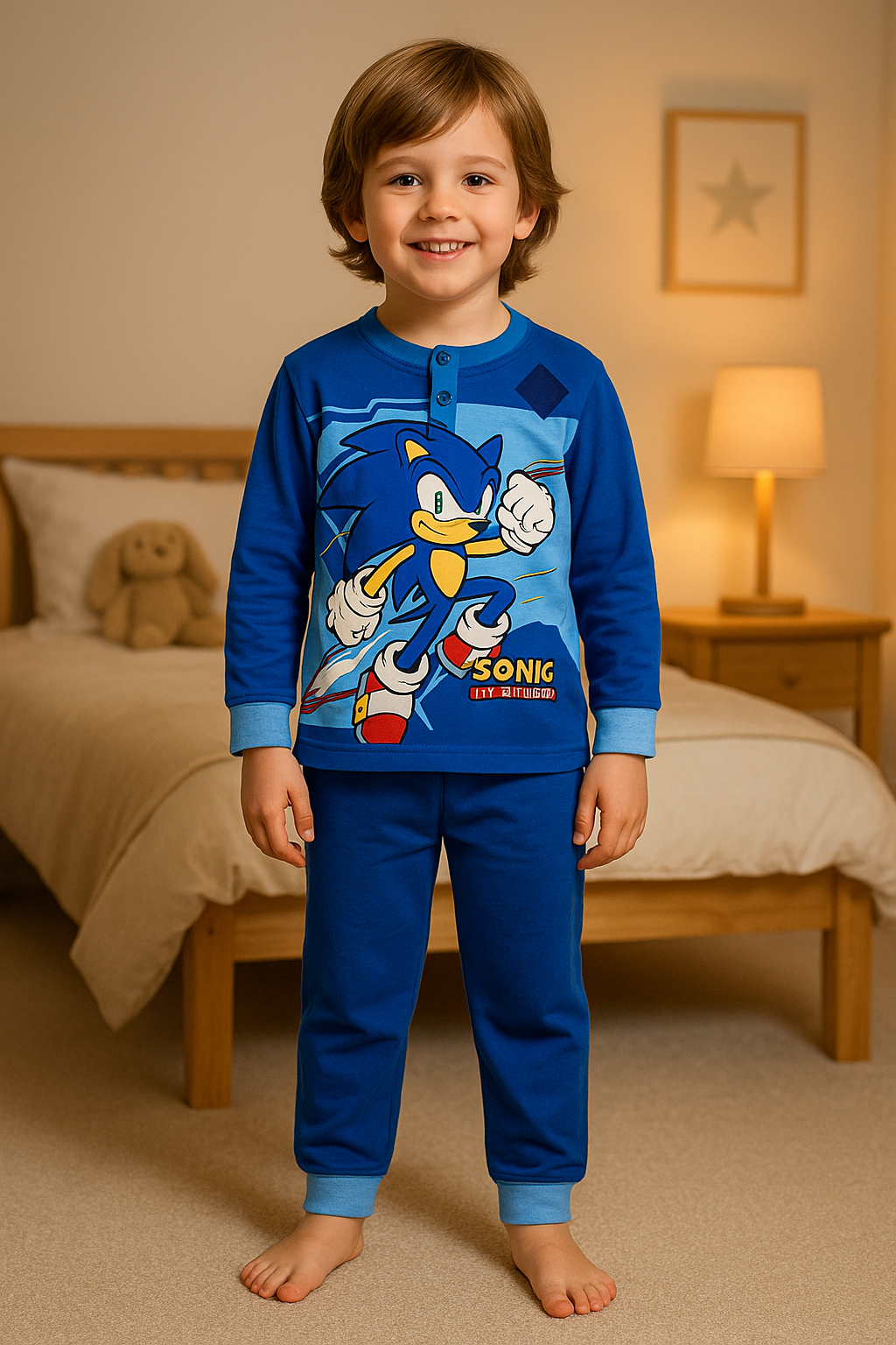 Pigiama bimbo Sonic blu Disney, dettagli del capo indossato su modello