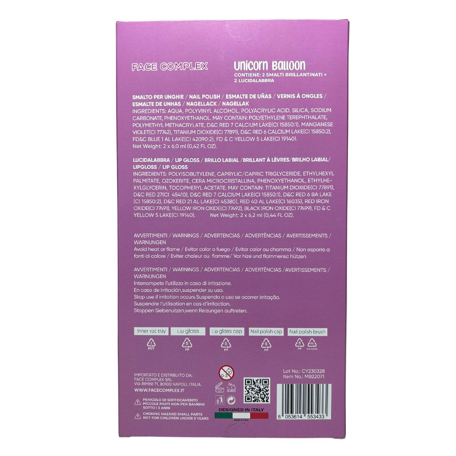 face complex kit unicorn balloon: 2 smalti brillantinati, 2 lucidalabbra, custodia - foto 3
