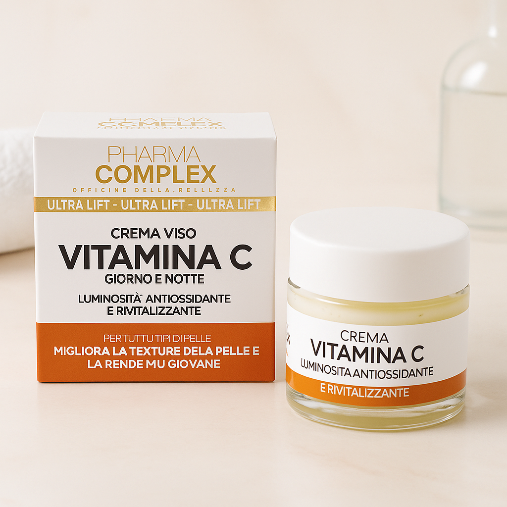 Barattolo Crema Viso Vitamina C Pharma Complex con confezione e testo benefici