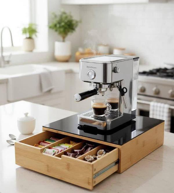  porta cialde in bambù con piano in vetro temperato e cassetto - foto 1