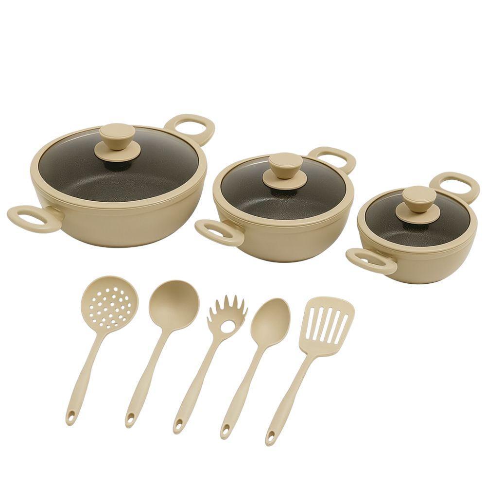  tris tegami con coperchi in vetro e 5 mestoli di alta qualità 20cm 24cm 28cm rivestimento antiaderente per cucina versatile e moderna - foto 2