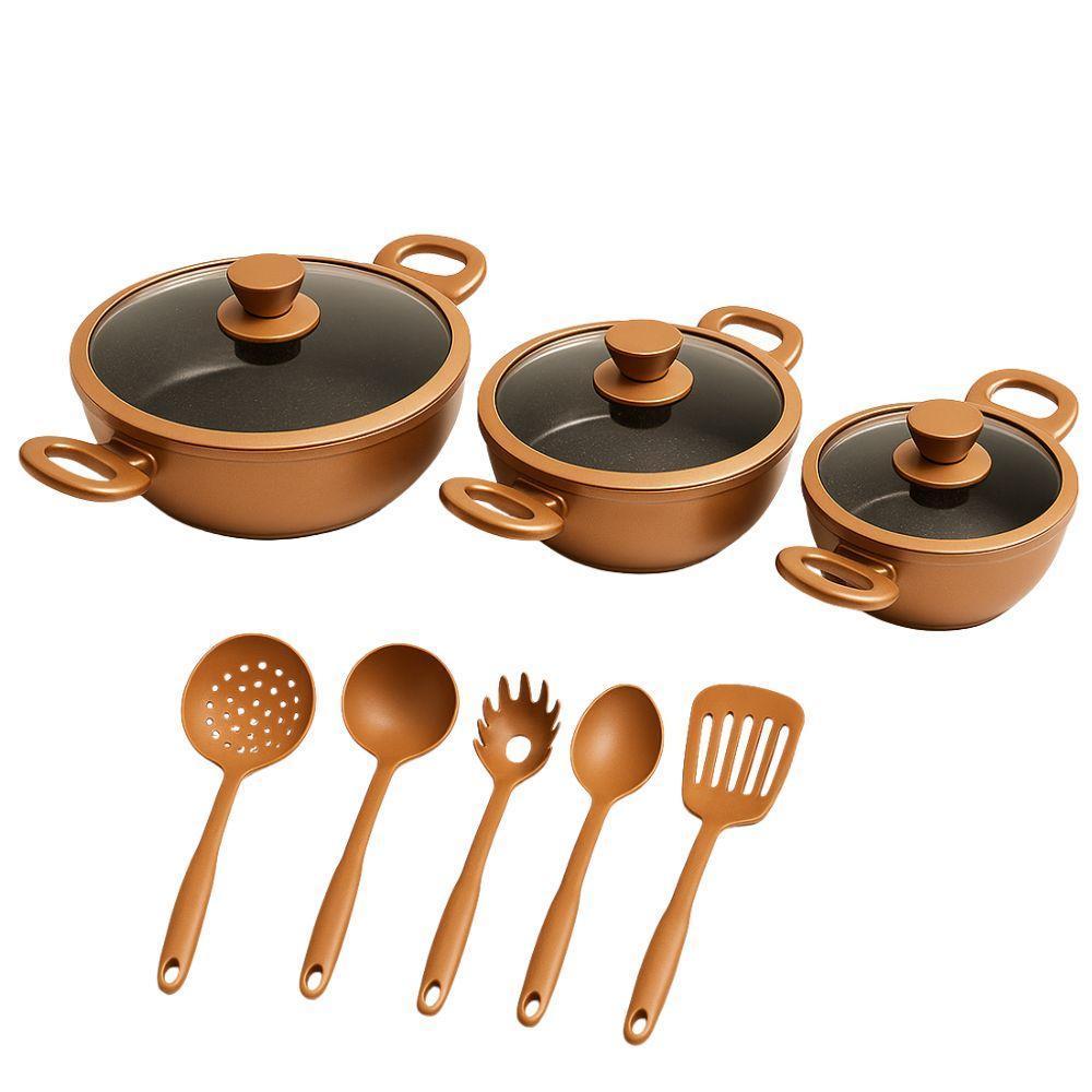  tris tegami con coperchi in vetro e 5 mestoli di alta qualità 20cm 24cm 28cm rivestimento antiaderente per cucina versatile e moderna - foto 3