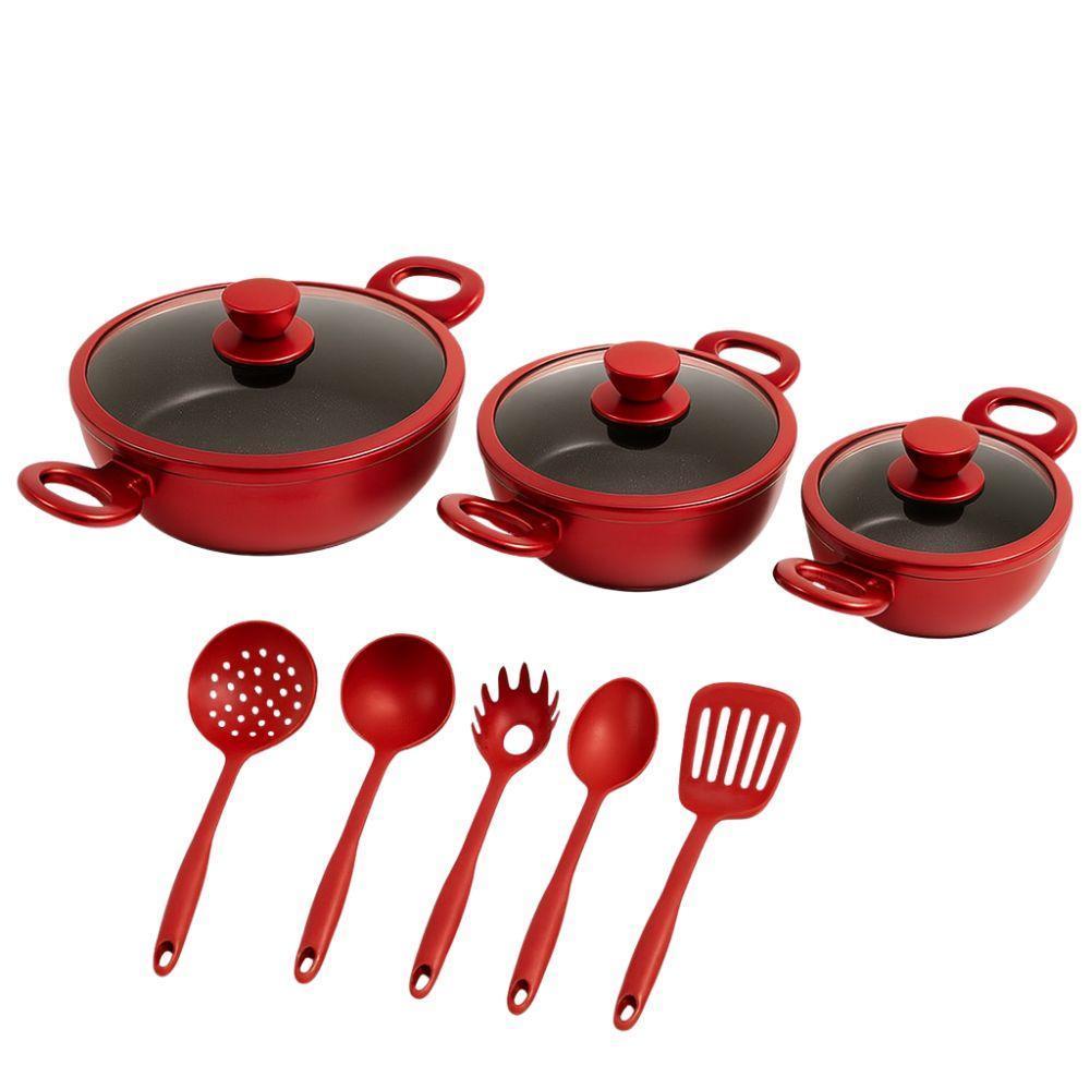  tris tegami con coperchi in vetro e 5 mestoli di alta qualità 20cm 24cm 28cm rivestimento antiaderente per cucina versatile e moderna - foto 4