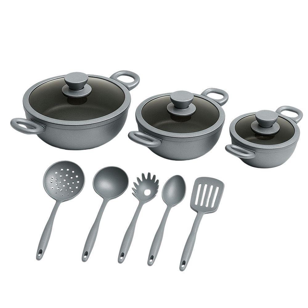  tris tegami con coperchi in vetro e 5 mestoli di alta qualità 20cm 24cm 28cm rivestimento antiaderente per cucina versatile e moderna - foto 5