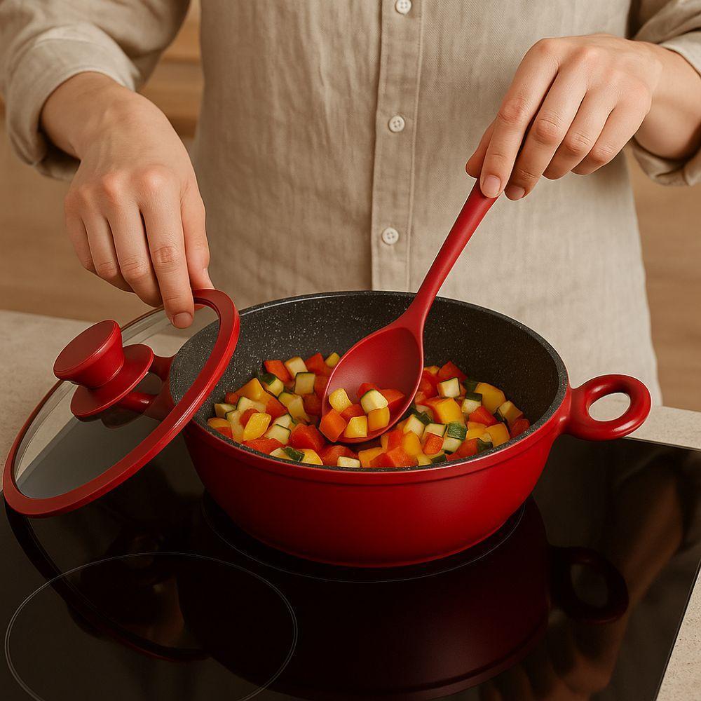  tris tegami con coperchi in vetro e 5 mestoli di alta qualità 20cm 24cm 28cm rivestimento antiaderente per cucina versatile e moderna - foto 6