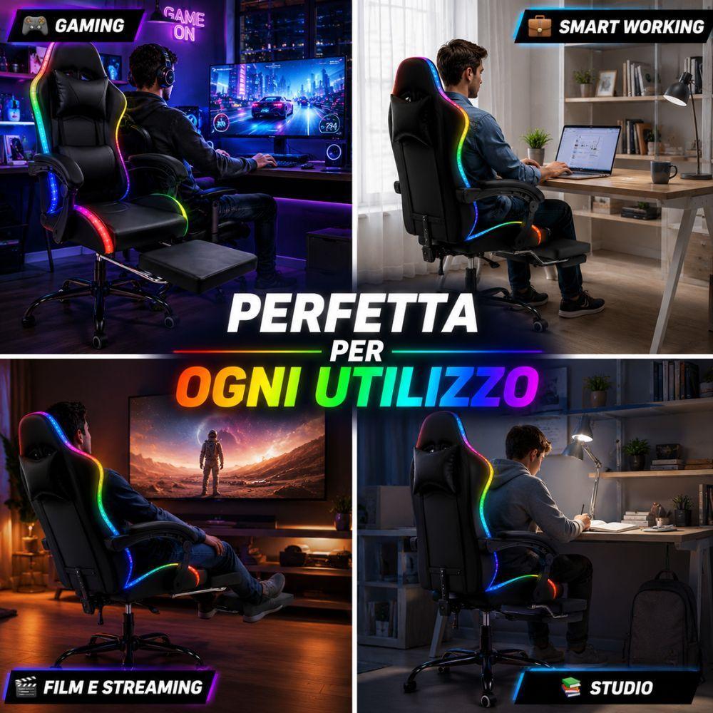  sedia gaming rgb led ergonomica con poggiapiedi estraibile e schienale reclinabile - foto 3