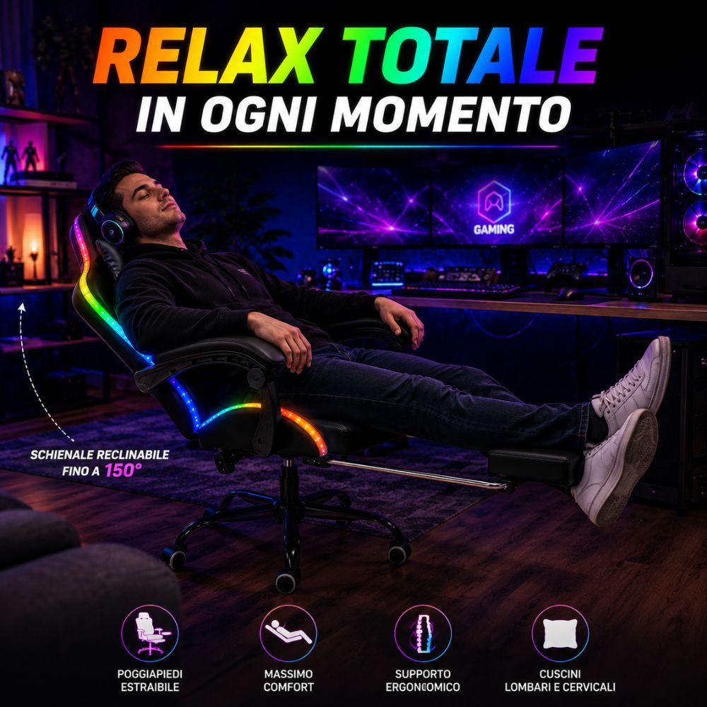  sedia gaming rgb led ergonomica con poggiapiedi estraibile e schienale reclinabile - foto 5