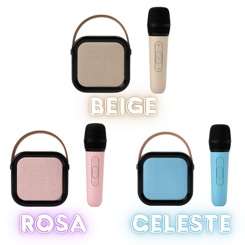 Tre versioni della cassa Bluetooth karaoke con microfono: beige, rosa, celeste