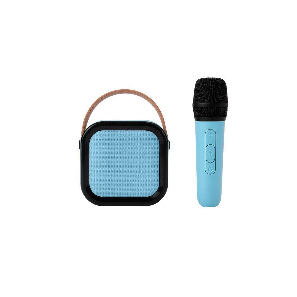 Cassa Bluetooth karaoke colore celeste con microfono abbinato