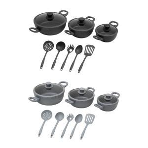 Tris tegami effetto marmo con coperchi in vetro e 5 mestoli  20cm 24cm 28cm