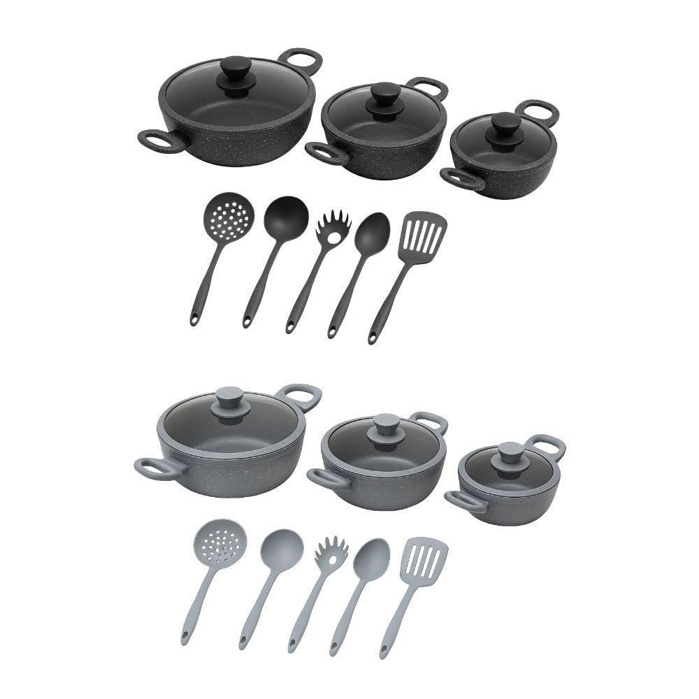  tris tegami effetto marmo con coperchi in vetro e 5 mestoli  20cm 24cm 28cm - foto 1