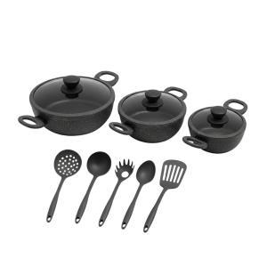 Tris tegami effetto marmo con coperchi in vetro e 5 mestoli  20cm 24cm 28cm